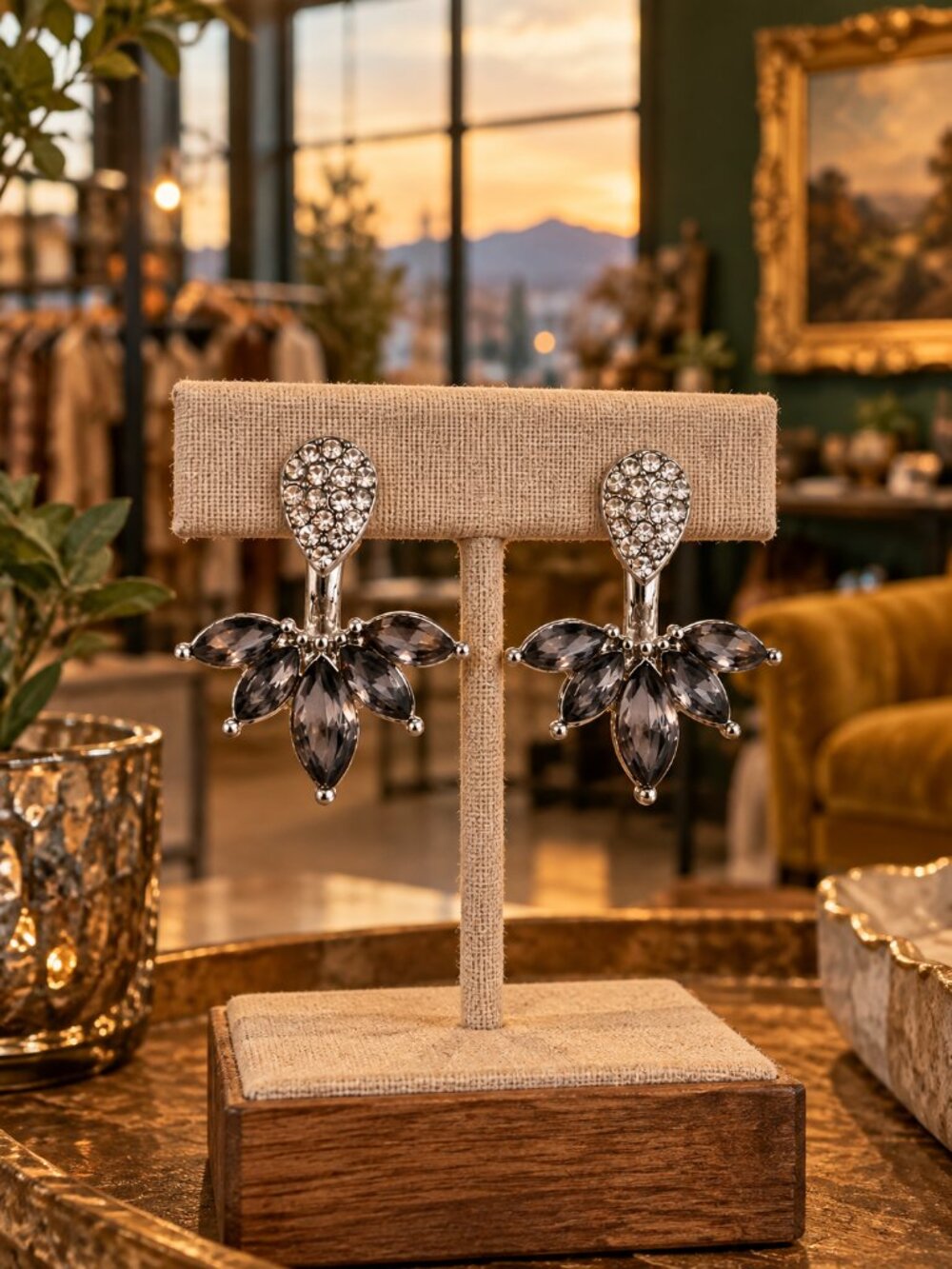 Smoky Gray Crystal Ear Jacket Earrings Silver Tone Floral Statement